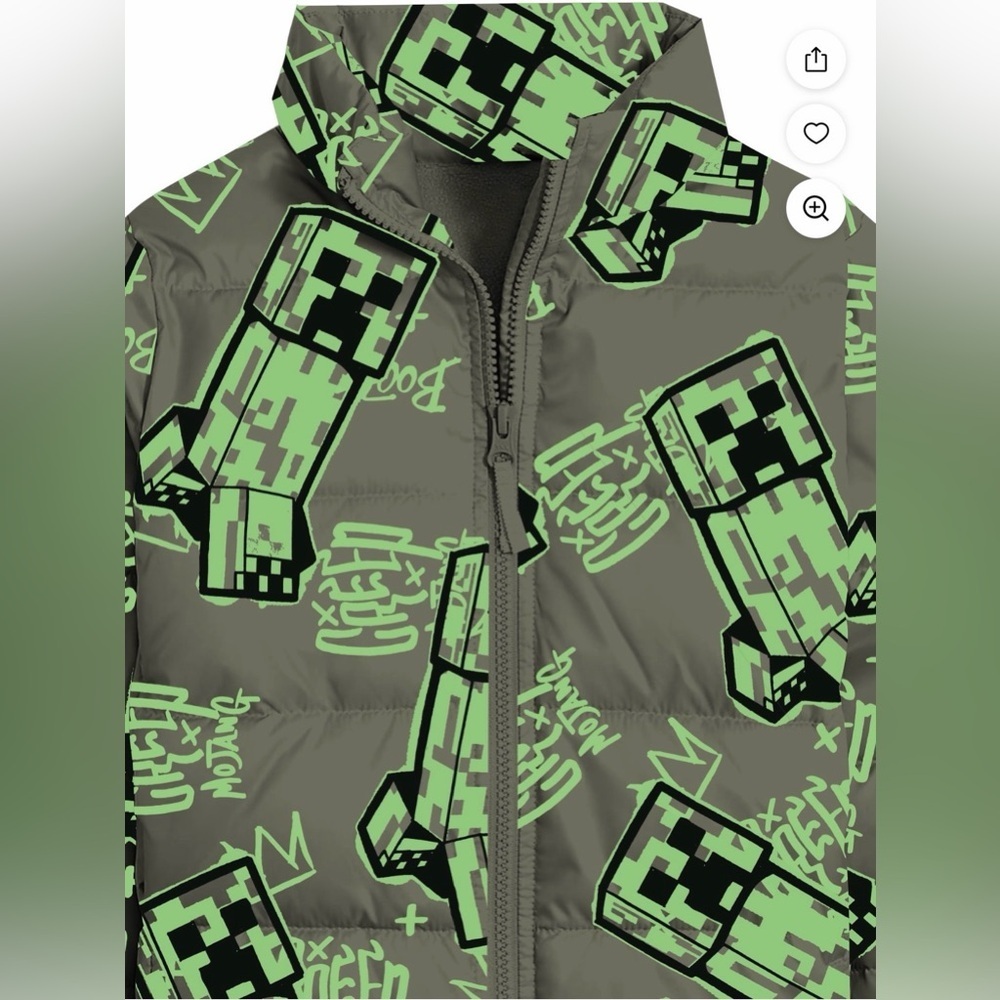 Minecraft Little and Big Boys Creeper Zip Puffer Jacket, Lightweight, Size 4/5 - Picture 3 of 11